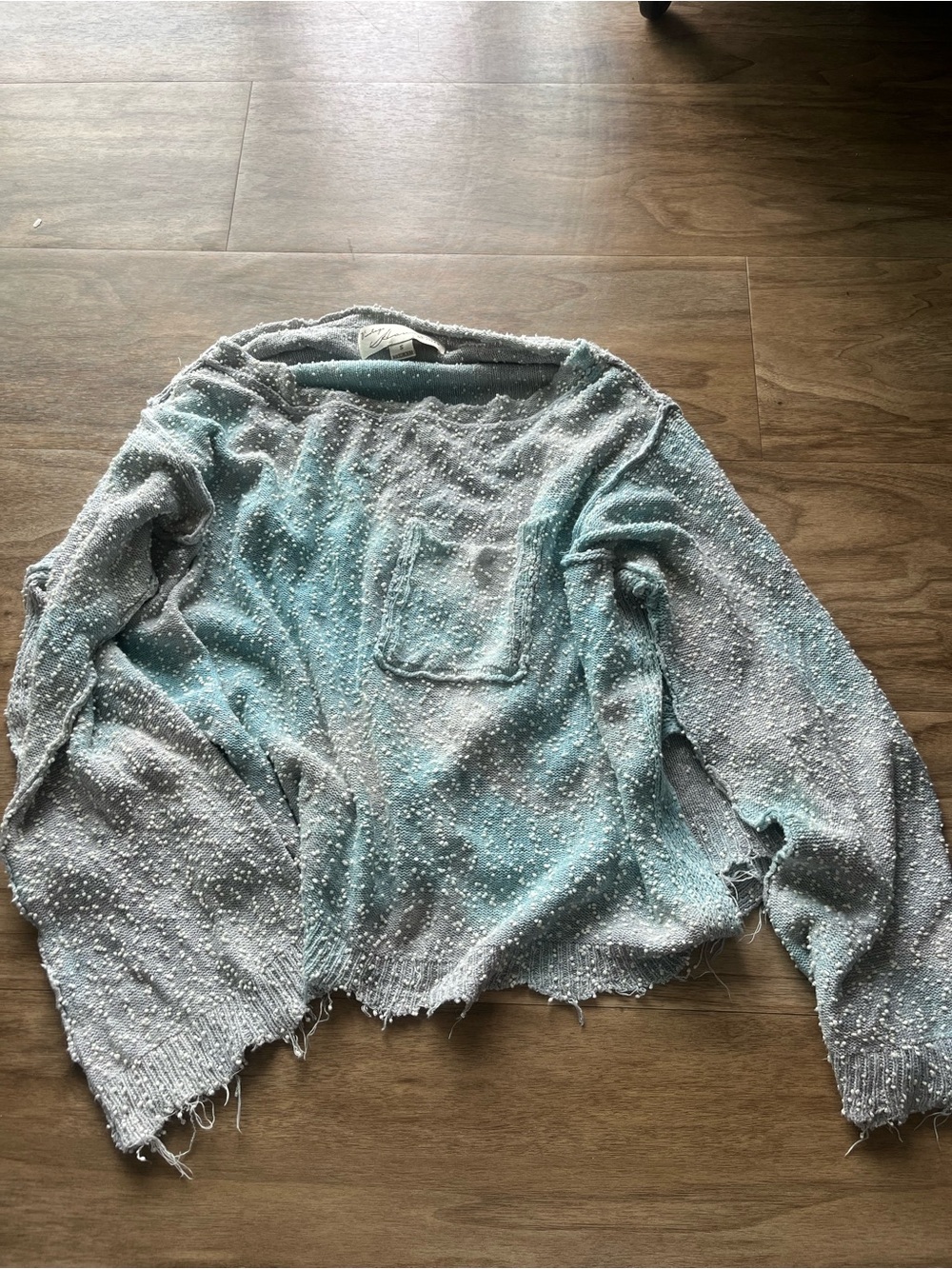 Vintage Havana Light Aqua Off-the-Shoulder Textured Pocket Sweater